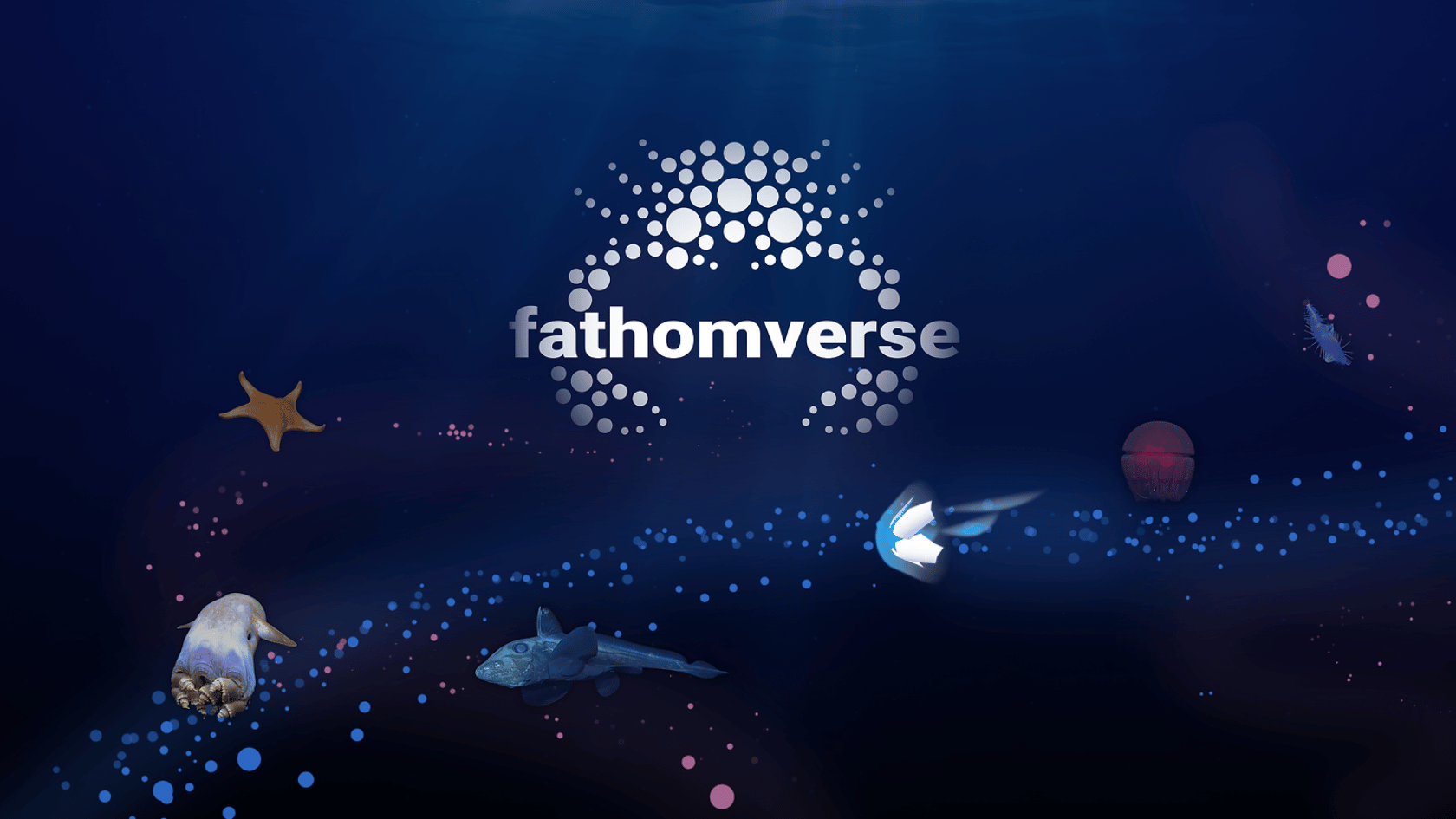 FathomVerse logo set against an underwater scene with various marine animals, representing the game's focus on ocean exploration and species identification.