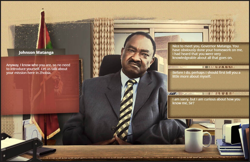 Screenshot from Mission Zhobia showing a character, Governor Matanga, sitting behind a desk in an office. Dialogue options are displayed on the right side, allowing the player to choose their response in an interactive conversation about their mission in Zhobia.