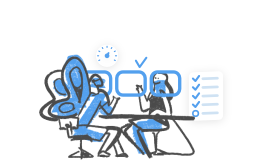 Illustration of two people engaging in a collaborative discussion at a table, with interactive checkmarks and completed tasks indicating progress and successful teamwork.