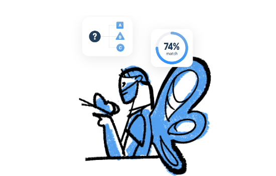 Person with butterfly wings holding a butterfly, with icons showing a quiz question and 74% score.