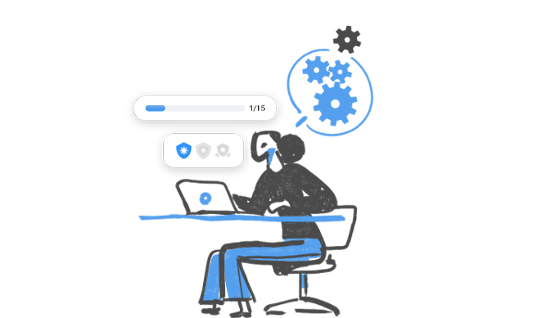 Illustration of a person working at a laptop, with icons indicating progress, achievements, and gears symbolizing active thinking and learning.
