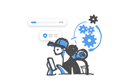 Person with backpack using phone, with progress bar, badge icons, and gears symbolizing progress or learning.